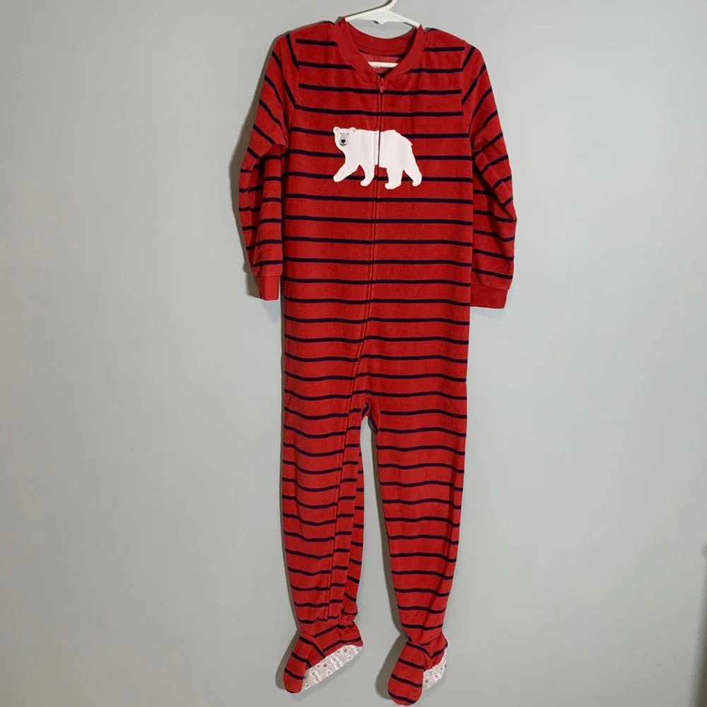5/$25 Carters Red Navy Stripe Polar Bear Footed Pajamas Sleepers Kids‎ Size 5